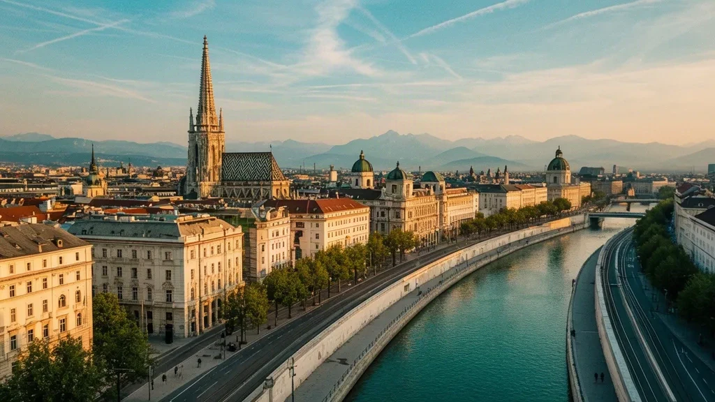 Panoramablick zur goldenen Stunde auf die historische Skyline Wiens und das Ufer des Donaukanals mit barocken Dächern und der Turmspitze einer gotischen Kathedrale in Österreich