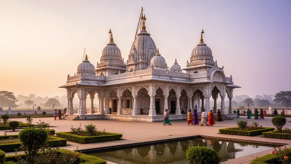 Templo Janaki Mandir de mármol blanco con agujas con cúpulas y arcos tallados resplandeciendo durante la hora dorada en Janakpur, provincia de Madhesh, Nepal