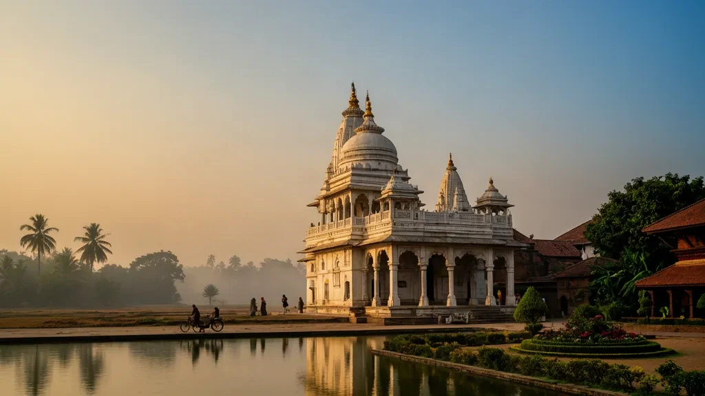 Vue à l'heure dorée du Janaki Mandir à Janakpur, province de Madhesh, Népal, avec ses dômes ornés, son bassin réfléchissant et la verdure du Teraï