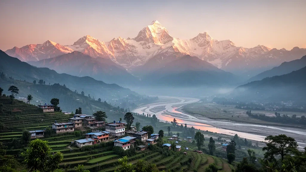 Picos nevados de Kanchenjunga elevándose sobre colinas verdes con terrazas y las llanuras del río Koshi en el este de Nepal durante la hora dorada