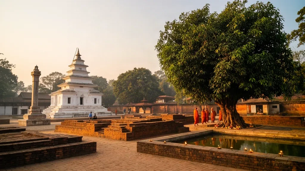 Blick zur goldenen Stunde auf den Maya Devi Tempel, die Ashoka-Säule und den heiligen Garten in Lumbini, Nepal, mit Mönchen auf den Ziegelwegen