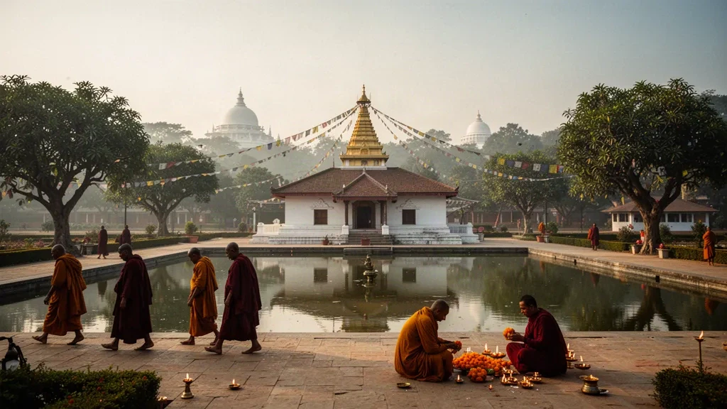 Moines et pèlerins dans le jardin sacré du temple Maya Devi à Lumbini, au Népal, reflétés dans l'étang à l'heure dorée