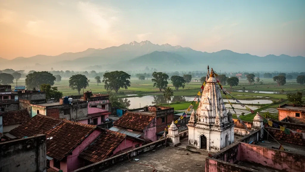 Vue à l'heure dorée sur Dhangadhi dans la province du Sudurpashchim au Népal, avec des flèches de temples, les plaines verdoyantes du Teraï et les contreforts brumeux de l'Himalaya au-delà.
