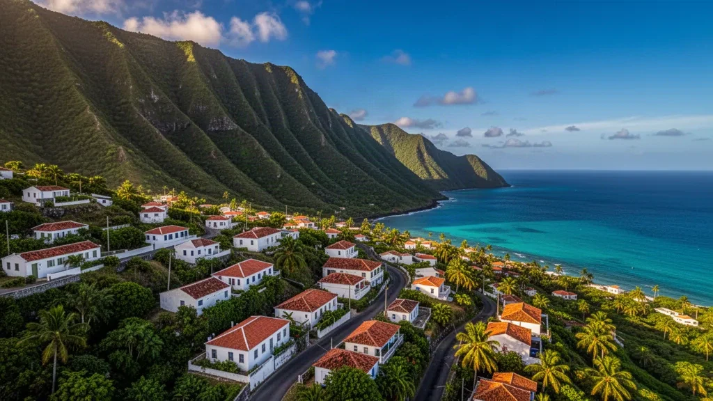 Luftaufnahme des Dorfes Windwardside auf der Insel Saba mit Mount Scenery und türkisfarbener Karibik zur goldenen Stunde