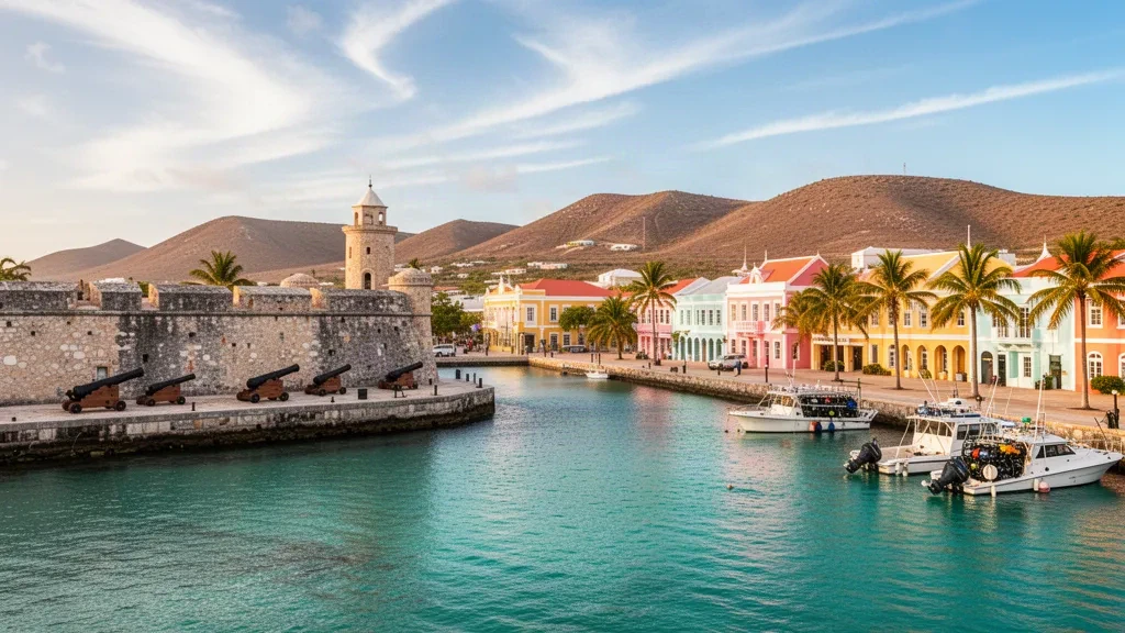 Kralendijk waterfront with Fort Oranje and turquoise Caribbean Sea in Bonaire, Caribbean Netherlands