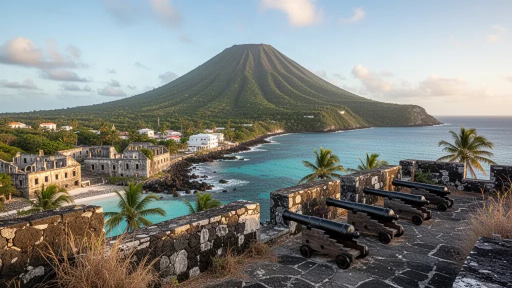 Remparts en pierre et canons de Fort Oranje surplombant Oranje Bay à Oranjestad, Sint Eustatius, avec le volcan Quill en arrière-plan