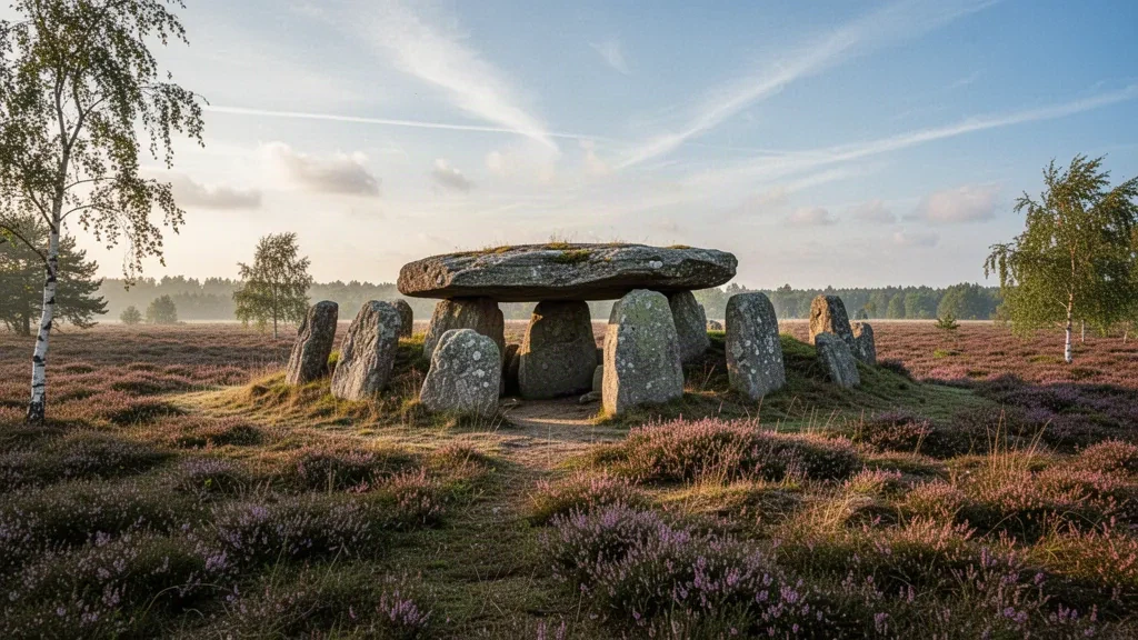 Prähistorischer Hunebed-Dolmen inmitten lila Heide auf der Drenthe-Heide in den Niederlanden zur goldenen Stunde