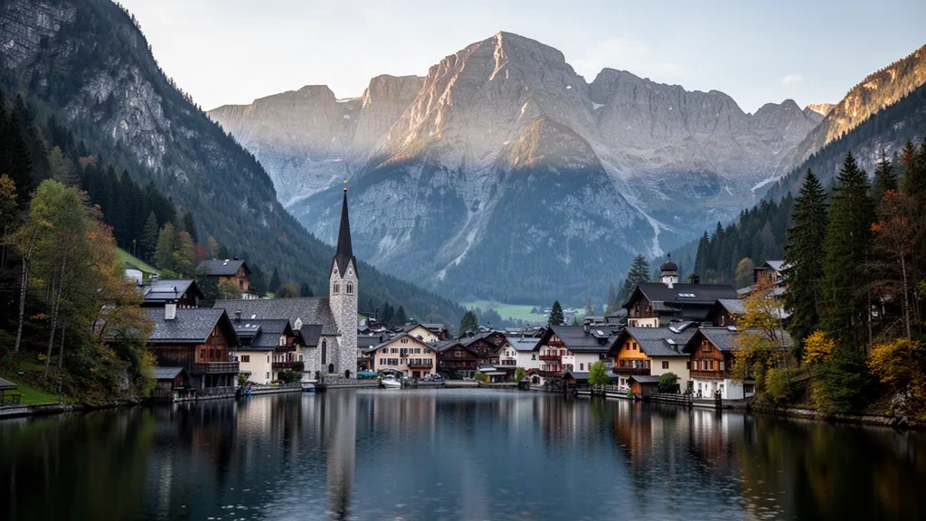 Traditionelles österreichisches Dorf Hallstatt am Hallstätter See mit den Dahstein-Alpen im Hintergrund und ruhigem, spiegelndem Wasser im Vordergrund