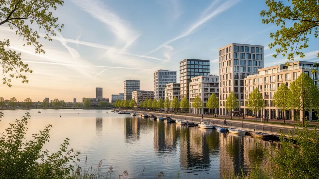 Moderne Skyline am Wasser von Almere in Flevoland, Niederlande, die sich im ruhigen Weerwater-See im goldenen Abendlicht spiegelt.