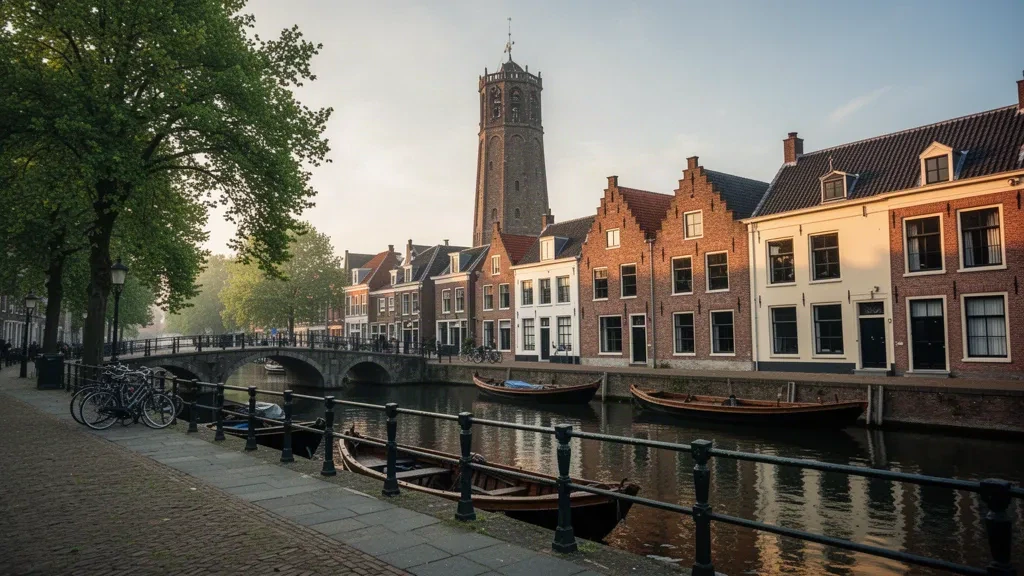 Blick entlang der Gracht auf das historische Leeuwarden in Friesland, Niederlande, mit dem schiefen Oldehove-Turm und Giebelhäusern zur goldenen Stunde