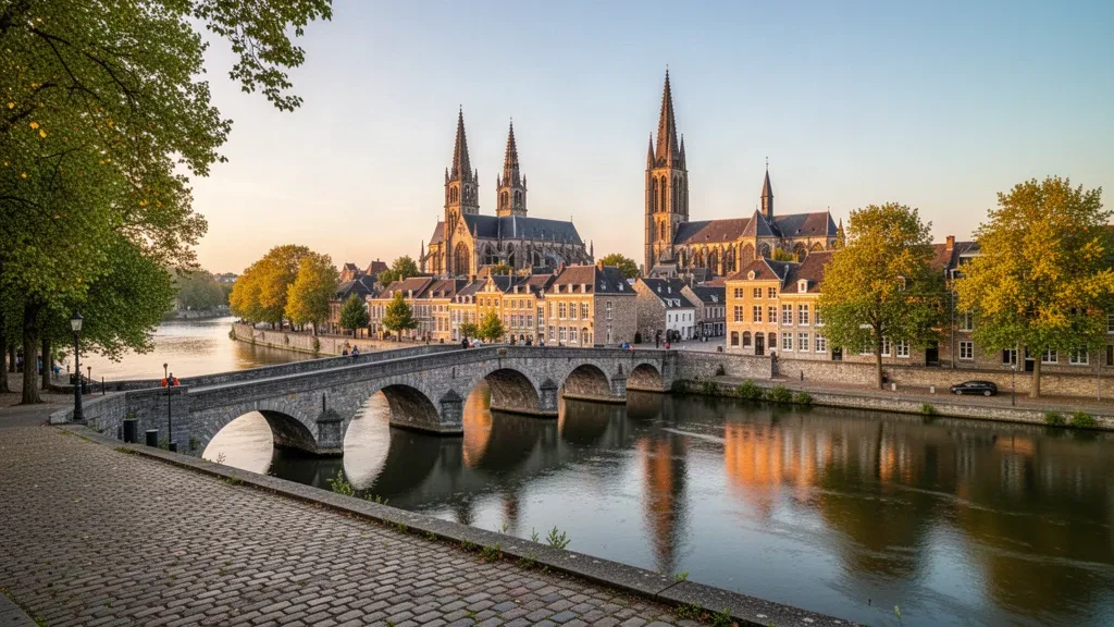 Historische Sint Servaasbrug und Skyline von Maastricht über der Maas in Limburg, Niederlande, zur goldenen Stunde.