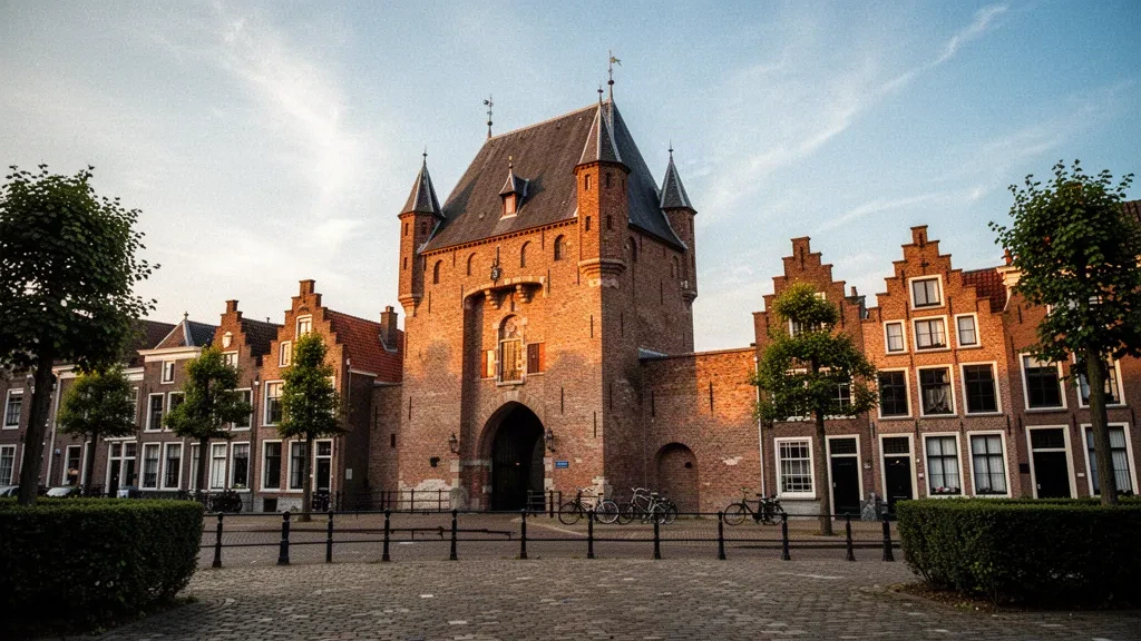 Puerta medieval de ladrillo de Sassenpoort en Zwolle, Overijssel, Países Bajos, con luz cálida de hora dorada, plaza empedrada y casas neerlandesas