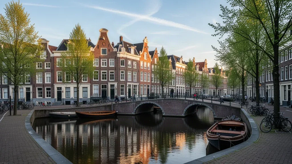 Kuzey Hollanda'da Amsterdam'ın 17. yüzyıl üçgen çatılı kanal evlerinin, kemerli köprüsünün ve durgun suyunun altın saat manzarası
