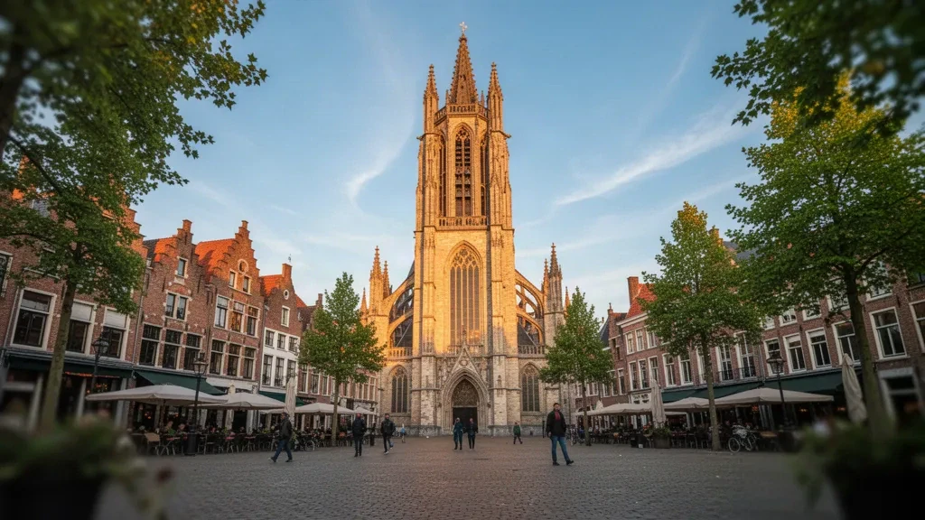 Catedral gótica de San Juan elevándose sobre la plaza Markt en 's-Hertogenbosch, Brabante Septentrional, Países Bajos, durante la hora dorada
