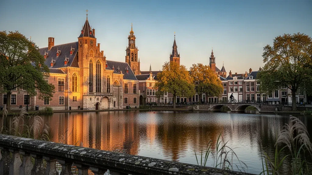 El Binnenhof y el estanque Hofvijver en La Haya, Holanda Meridional, reflejando la arquitectura gótica neerlandesa a la hora dorada