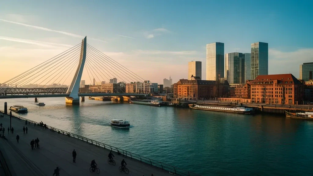 Güney Hollanda, Hollanda'da Nieuwe Maas nehri üzerindeki Erasmus Köprüsü ile altın saatlerde Rotterdam silüeti