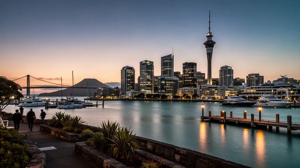 Skyline del lungomare di Auckland al crepuscolo con la Sky Tower che si erge sopra il Waitematā Harbour e le luci della città che brillano