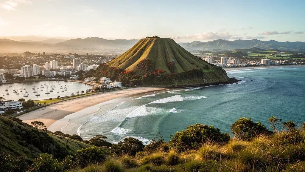 Bay of Plenty, Yeni Zelanda'da altın saatte Tauranga Limanı ve Pasifik plajlarına bakan Mount Maunganui zirvesi