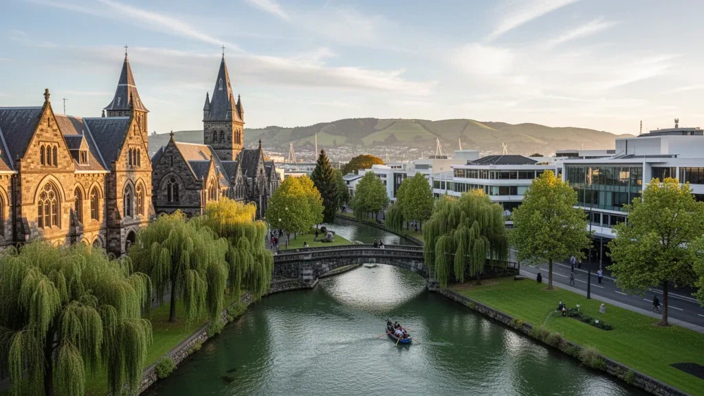 Christchurch, Canterbury, Yeni Zelanda'nın merkezinde Avon Nehri, söğüt ağaçları ve tarihi taş binaların altın saat manzarası
