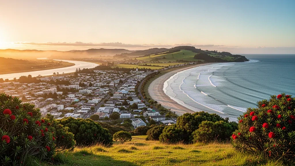 Sunrise over Gisborne and Poverty Bay seen from Kaiti Hill, with the beachfront, town and green hills in warm golden light
