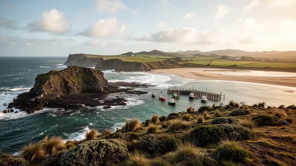 Costa de basalto azotada por el viento y laguna cerca de Waitangi en las remotas islas Chatham de Nueva Zelanda bajo la luz dorada del final de la tarde