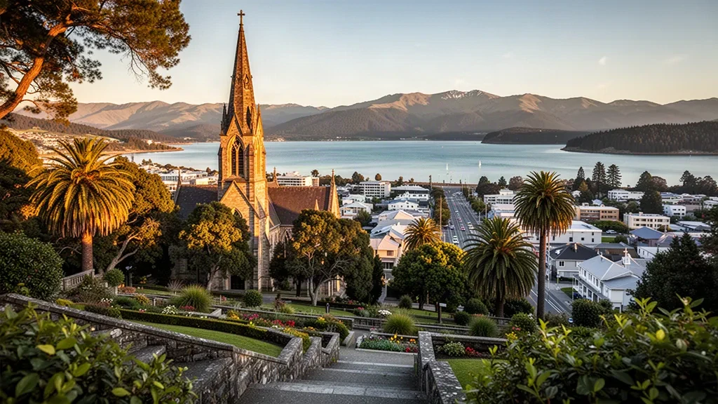 Christ Church Cathedral on Church Hill overlooking Nelson city centre, Tasman Bay and the Western Ranges at golden hour