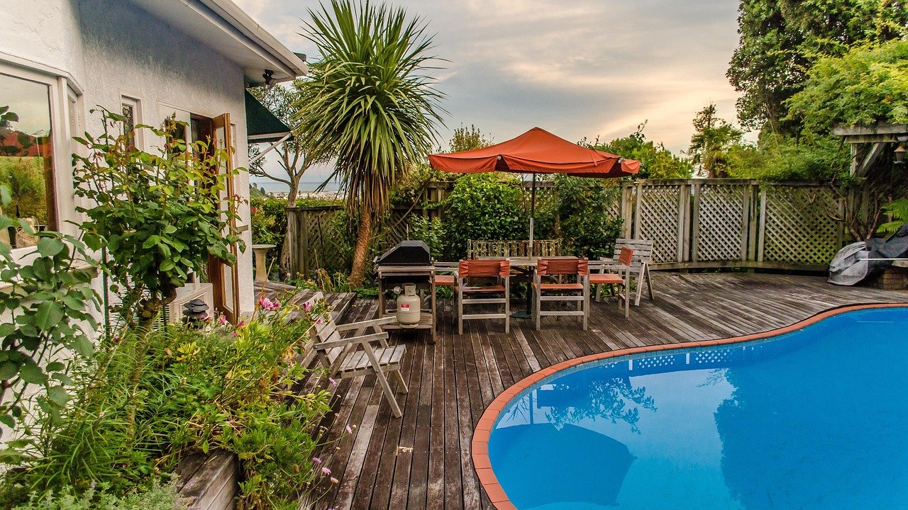 casa, piscina, naturaleza, Nelson, Nueva Zelanda, verano
