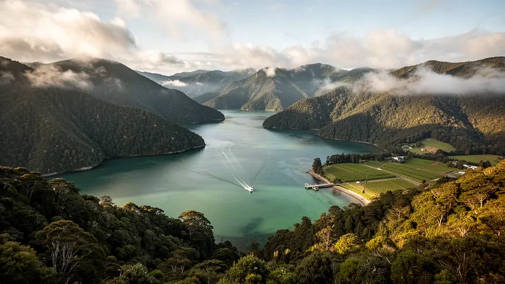 Turquoise waters of Queen Charlotte Sound in Marlborough, New Zealand, framed by lush green forested hills at golden hour
