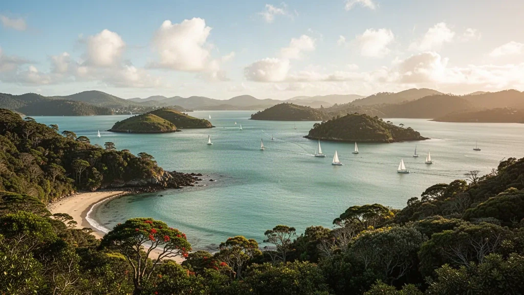 Turquoise bays, green islands and sailing yachts in the Bay of Islands, Northland, New Zealand, viewed from the Paihia coast at golden hour