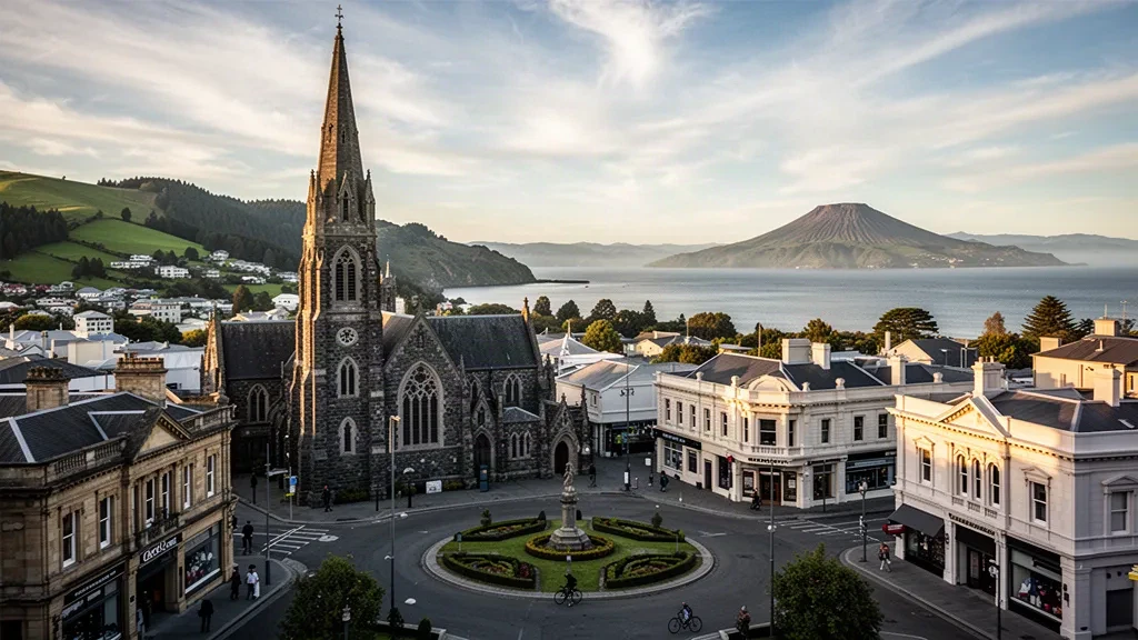 Veduta durante l'ora dorata sull'Octagon di Dunedin e la storica cattedrale a Otago, Nuova Zelanda, con colline e il porto di Otago oltre