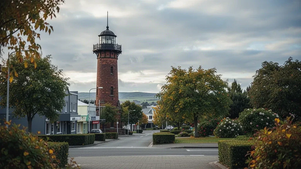 Château d'eau historique en briques s'élevant au-dessus des rues bordées d'arbres d'Invercargill, principale ville du Southland, en Nouvelle-Zélande