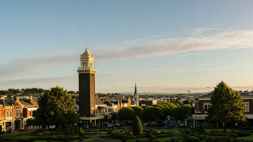Veduta durante l'ora d'oro della torre dell'acqua vittoriana di Invercargill, incorniciata da strade alberate e bassi edifici edoardiani nel Southland, Nuova Zelanda.