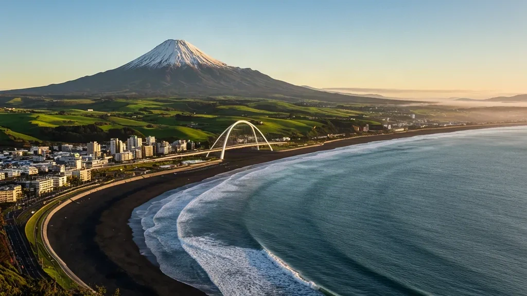 Mount Taranaki rising behind New Plymouth's coastal skyline at golden hour in Taranaki, New Zealand