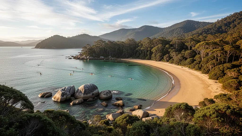 Aguas turquesa y arenas doradas a lo largo de la costa del Parque Nacional Abel Tasman en Tasman, Nueva Zelanda