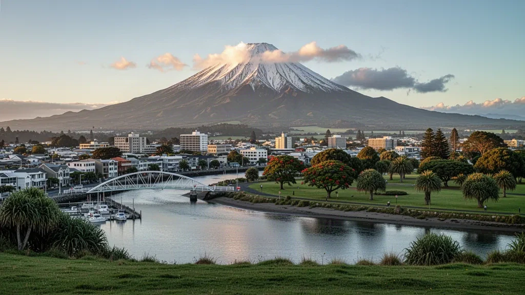 Mount Taranaki rising behind the coastal city of New Plymouth in New Zealand's Taranaki region at golden hour