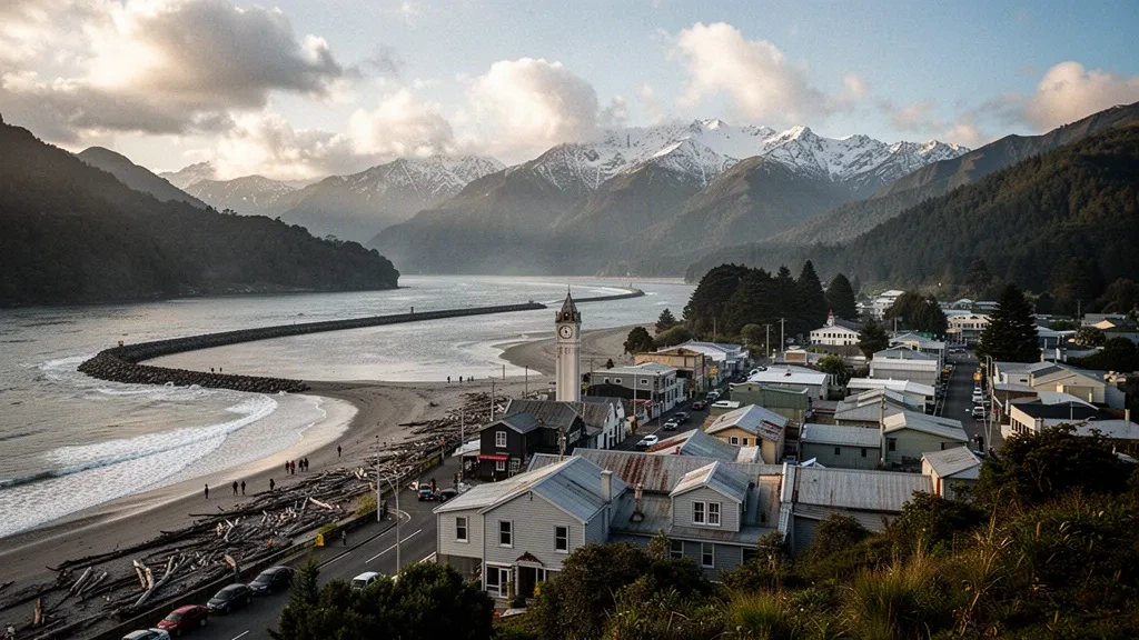 Stadt Greymouth und Flussmündung an der Westküste Neuseelands mit den Südalpen im Hintergrund zur goldenen Stunde