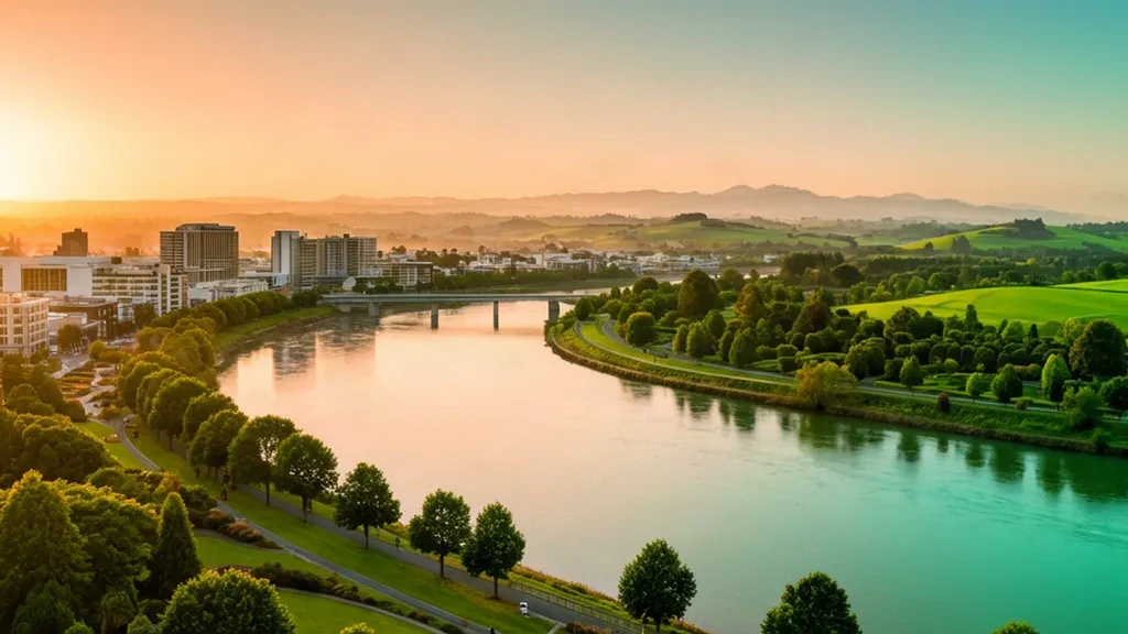 Vue de Hamilton, Waikato, Nouvelle-Zélande à l'heure dorée, avec la rivière Waikato, des berges bordées d'arbres et une ligne d'horizon de collines verdoyantes.