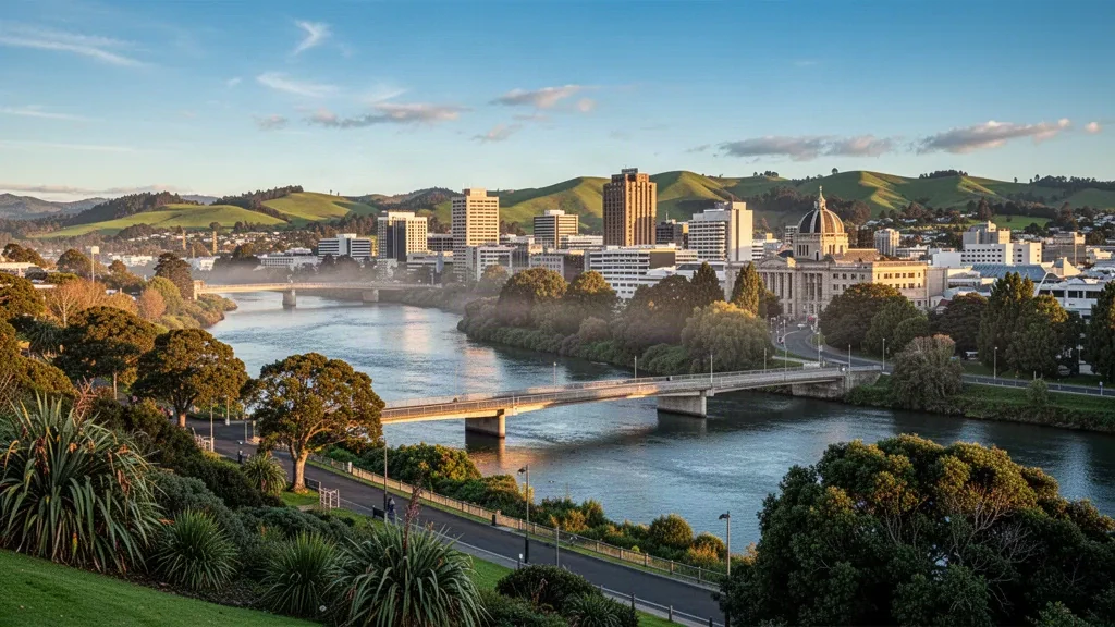 La rivière Waikato traversant Hamilton, Nouvelle-Zélande, avec une promenade riveraine, des berges verdoyantes et les gratte-ciel du centre-ville dans une chaude lumière dorée