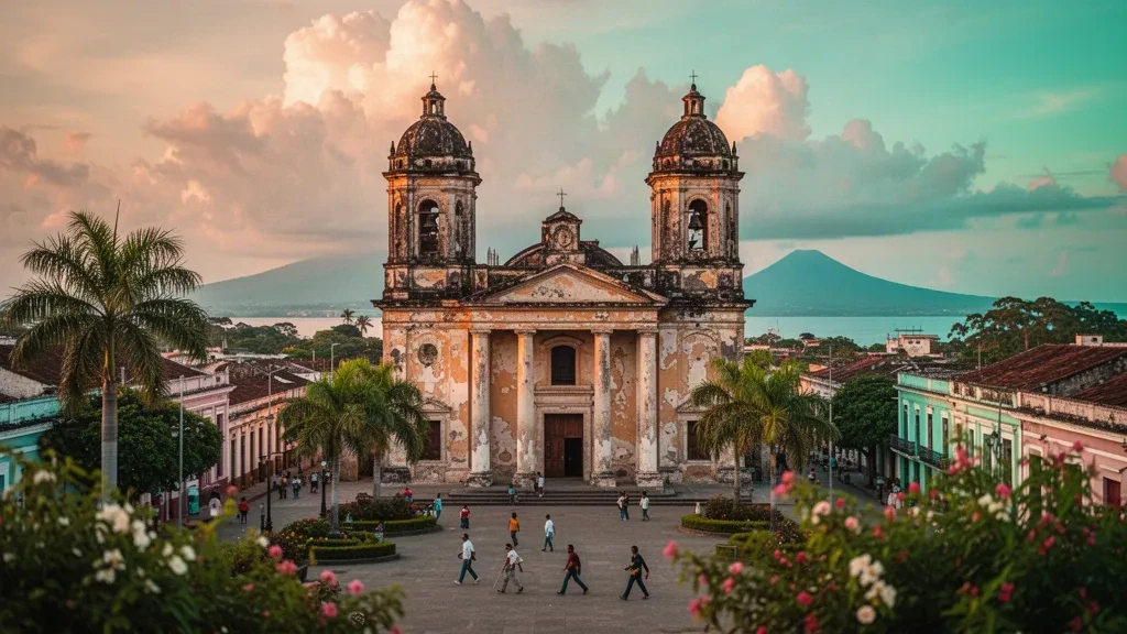 Vista durante la hora dorada de la Antigua Catedral de Santiago de Managua y la Plaza de la Revolución con el lago Xolotlán al fondo