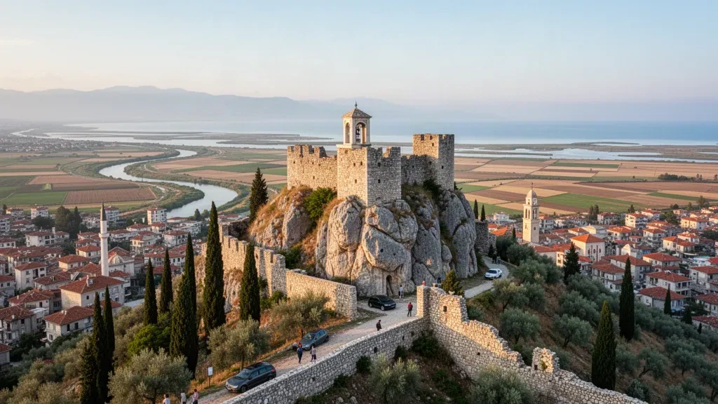 Steinruinen der Burg von Lezhë auf einem Hügel über der albanischen Stadt mit roten Dächern, mit der Drin-Ebene und der Adriaküste bei Sonnenuntergang