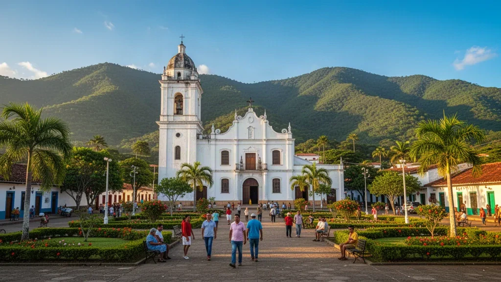 Plaza central y Catedral de San Juan Bautista en Ocotal, Nueva Segovia, Nicaragua, con montañas verdes al fondo.