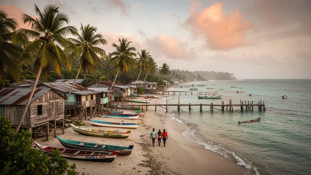 Front de mer caribéen de Puerto Cabezas, Bilwi, sur la côte nord des Caraïbes du Nicaragua, avec des maisons sur pilotis, des palmiers et des bateaux de pêche à l'heure dorée