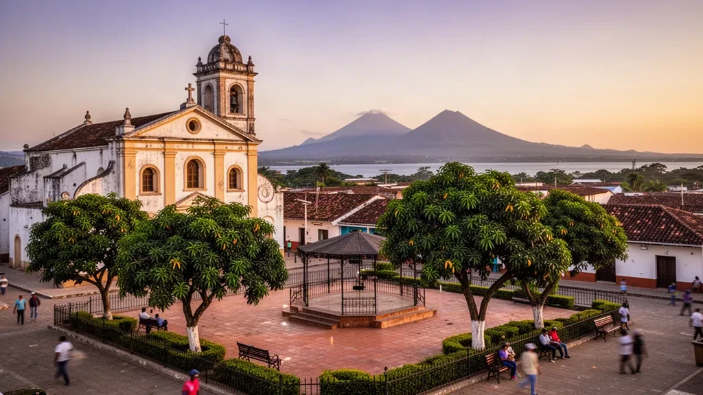 Chiesa coloniale e piazza centrale ombreggiata dai mango a Rivas, Nicaragua, con il Lago Nicaragua e i vulcani di Ometepe all'orizzonte
