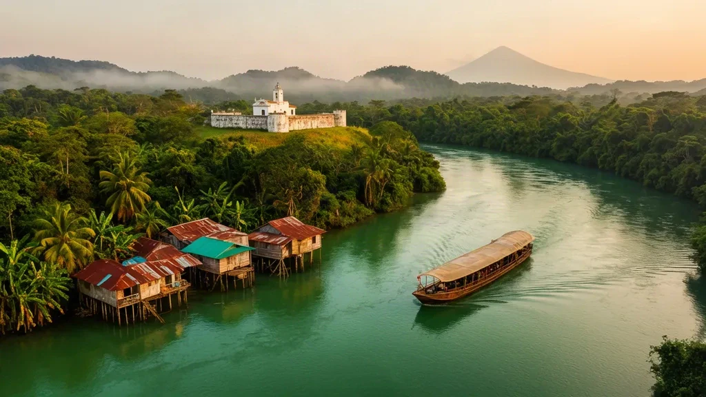 Bateau de passagers en bois sur le Río San Juan au Nicaragua, encadré par une forêt tropicale luxuriante, des maisons sur pilotis au bord de la rivière et une forteresse riveraine dans une lumière dorée.