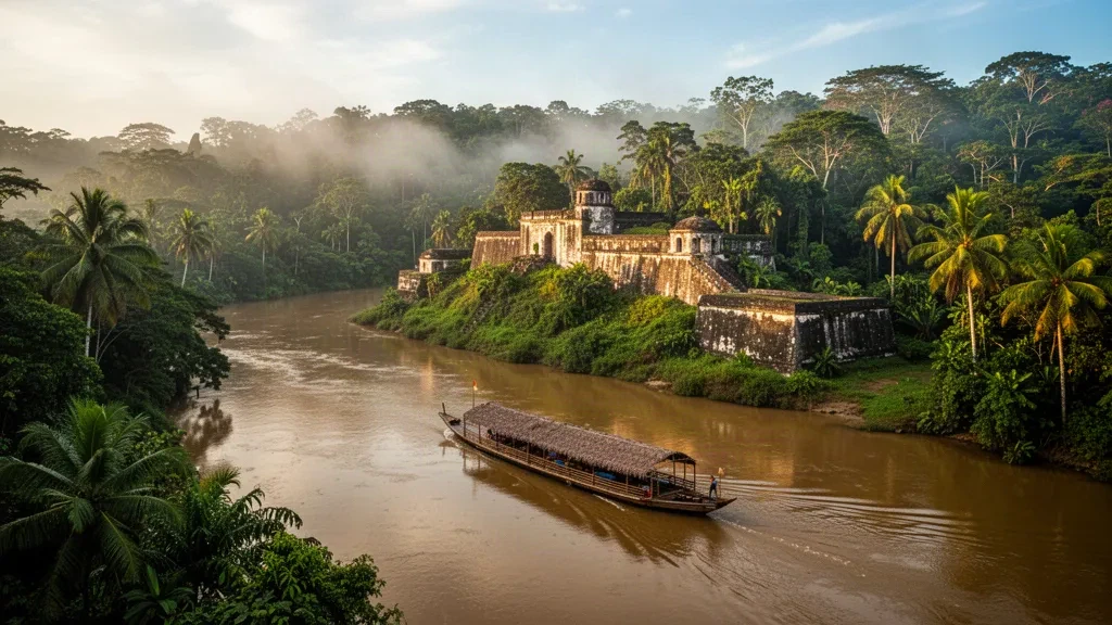 Battello fluviale in legno che naviga il Río San Juan oltre la storica fortezza di El Castillo in Nicaragua, circondato da una fitta foresta pluviale tropicale