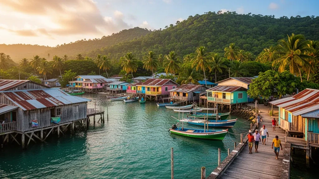 Vue côtière de Bluefields, au Nicaragua, avec des maisons en bois, des palmiers et des bateaux le long du front de mer caraïbéen au coucher du soleil.