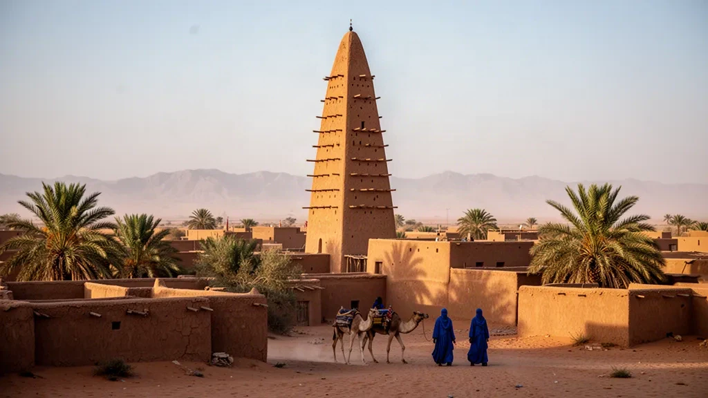 Minareto in mattoni di fango della Grande Moschea di Agadez che si eleva sopra lo skyline della città vecchia in Niger durante l'ora d'oro