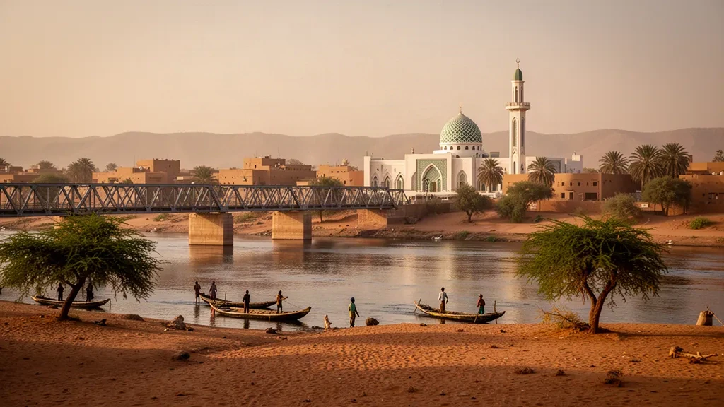 Vista a la hora dorada sobre el río Níger en Niamey, Níger, con el Puente Kennedy y el horizonte de la Gran Mezquita al fondo
