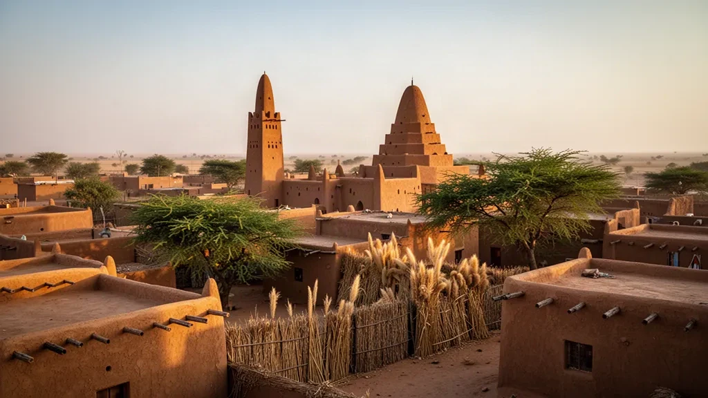 Cálida vista al final de la tarde sobre Maradi, Níger, con edificios tradicionales hausa de adobe y la Gran Mezquita elevándose sobre los tejados sahelianos