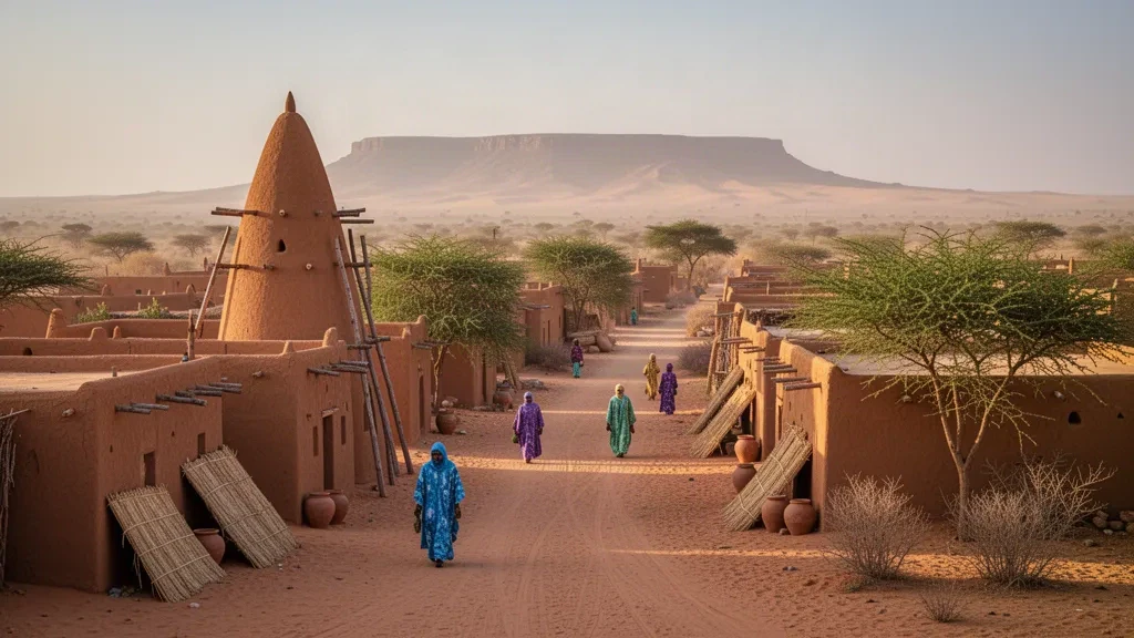 Paisaje urbano saheliano de Tahoua, Níger, con edificios de adobe, una torre de mezquita cónica, calles de arena y acacias bajo una luz dorada